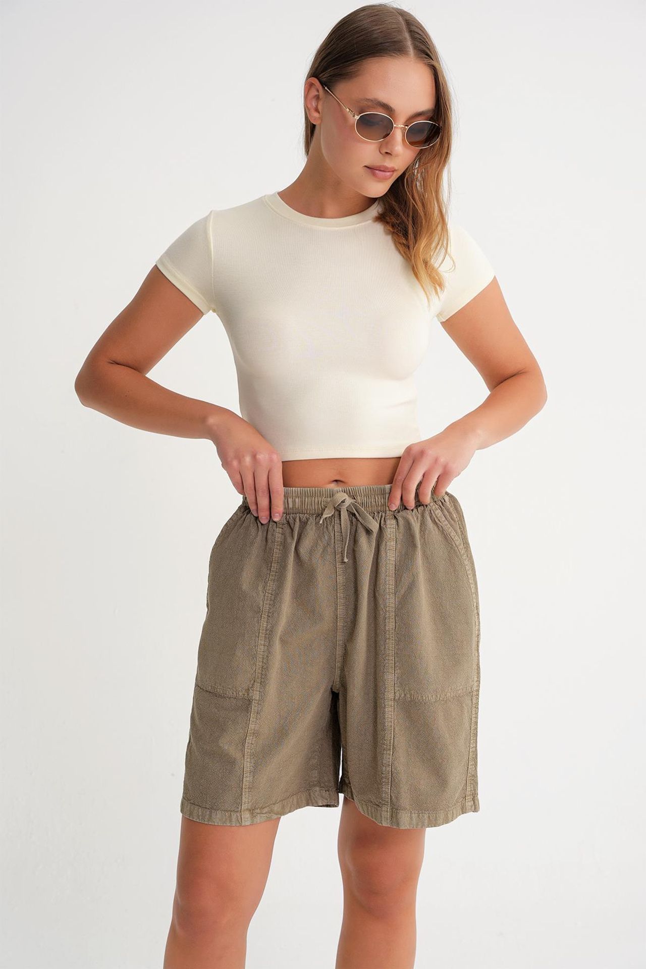 Mixray High Waist Cotton Drawstring Mini Shorts