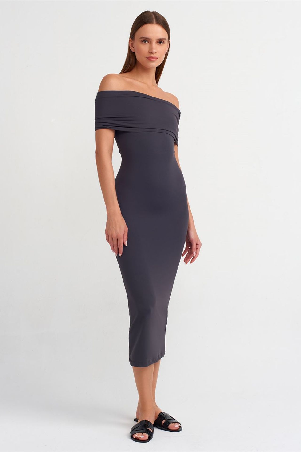 DILVIN Omuzları Açık Bodycon Midi Elbise 3