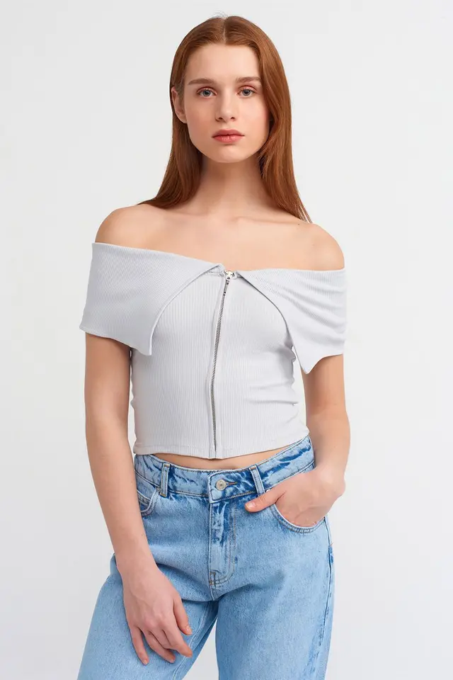 DILVIN Women's Off-shoulder Crop T-shirt With Zipper