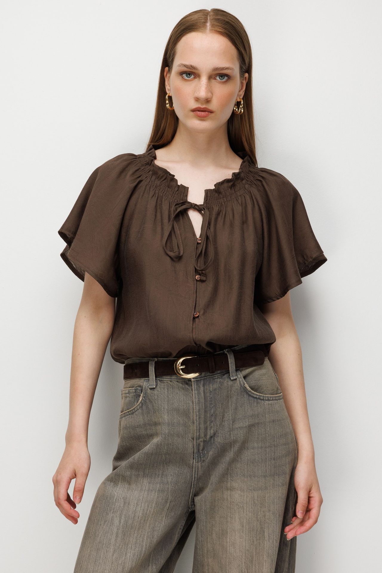 MIXRAY Paisley Print Crew Neck Blouse with Tie Detail 3