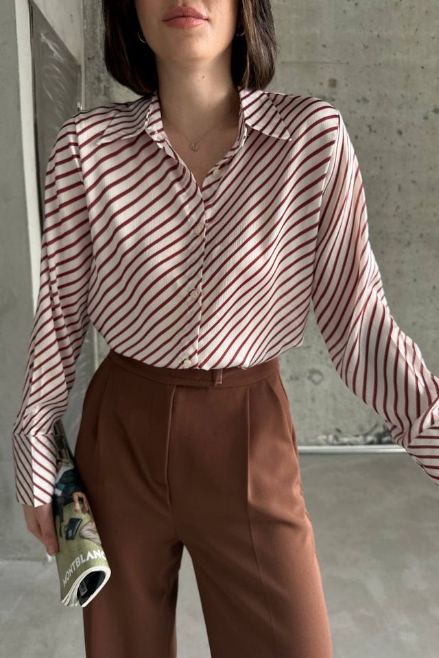 MY FASHION Striped Button-Up Shirt with Shirt Collar