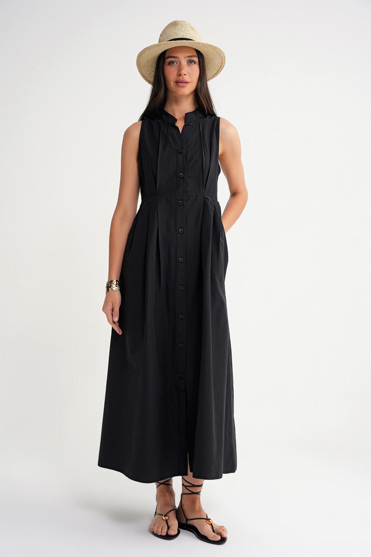 Mixray Buttoned Tippet Collar Maxi Dress 1
