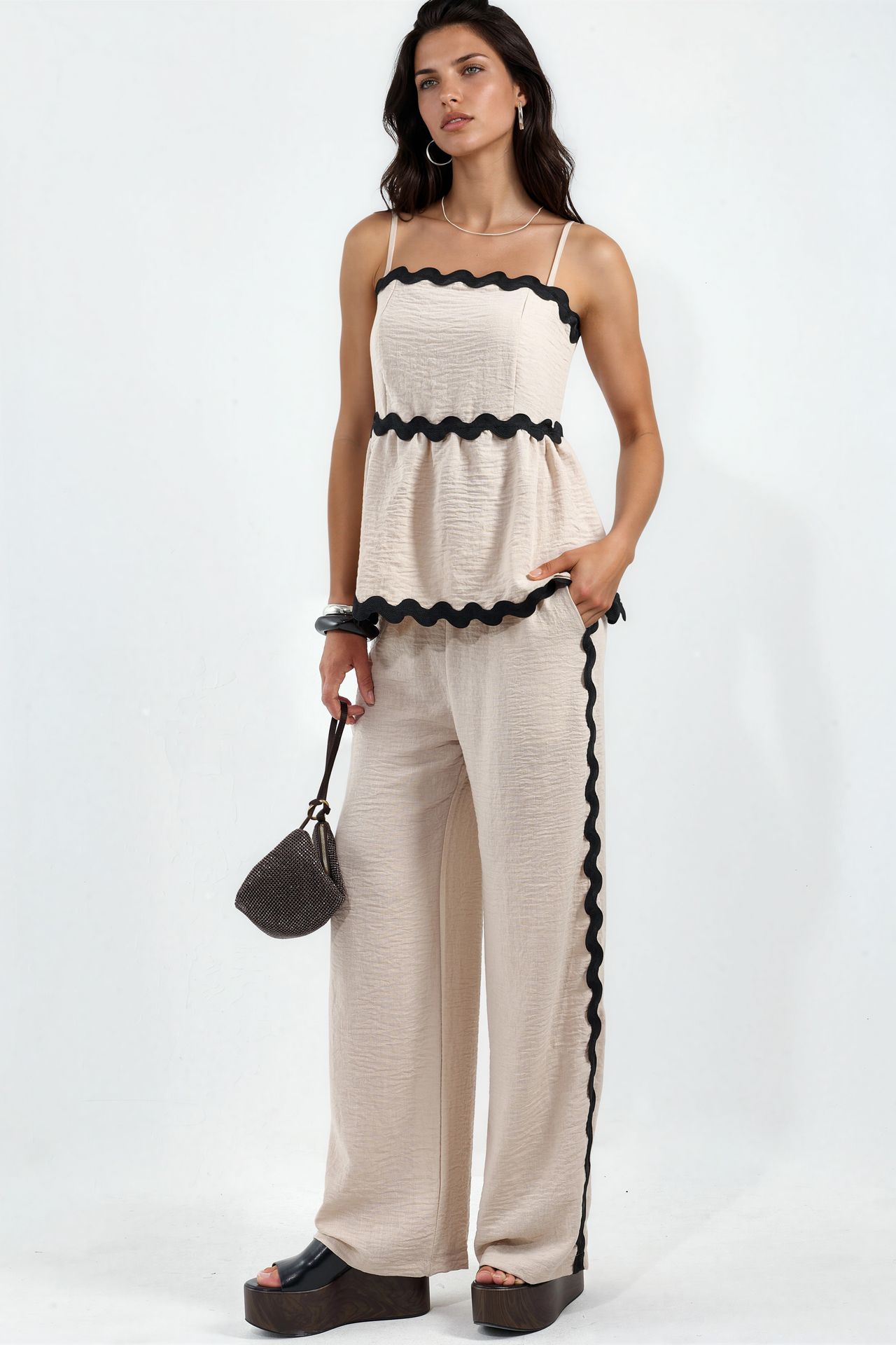 MSN Strapless Linen Blouse And Wide-leg Trouser Set 1