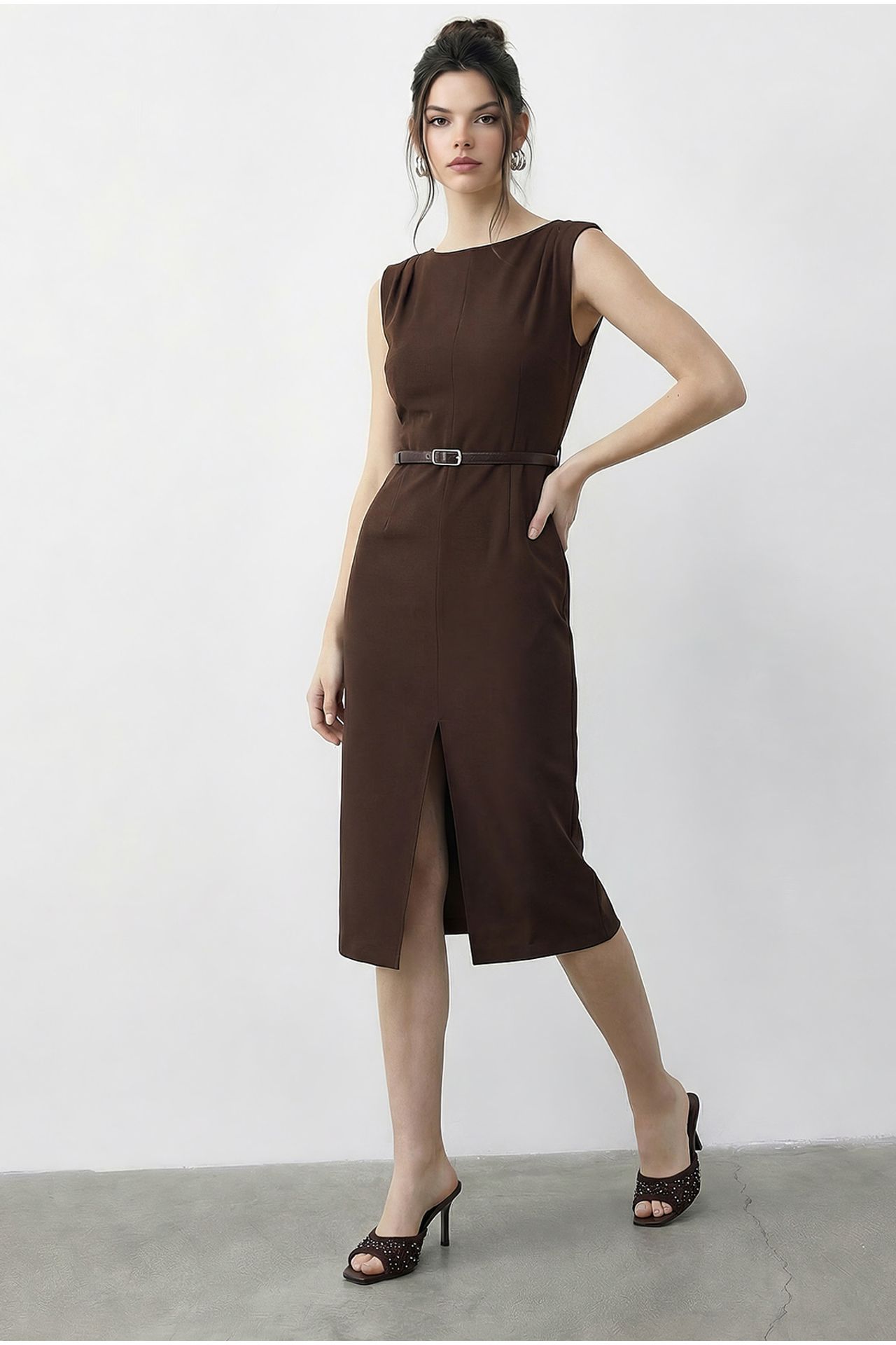 LUCCI Belted Midi Pencil Dress with Boat Neck 3