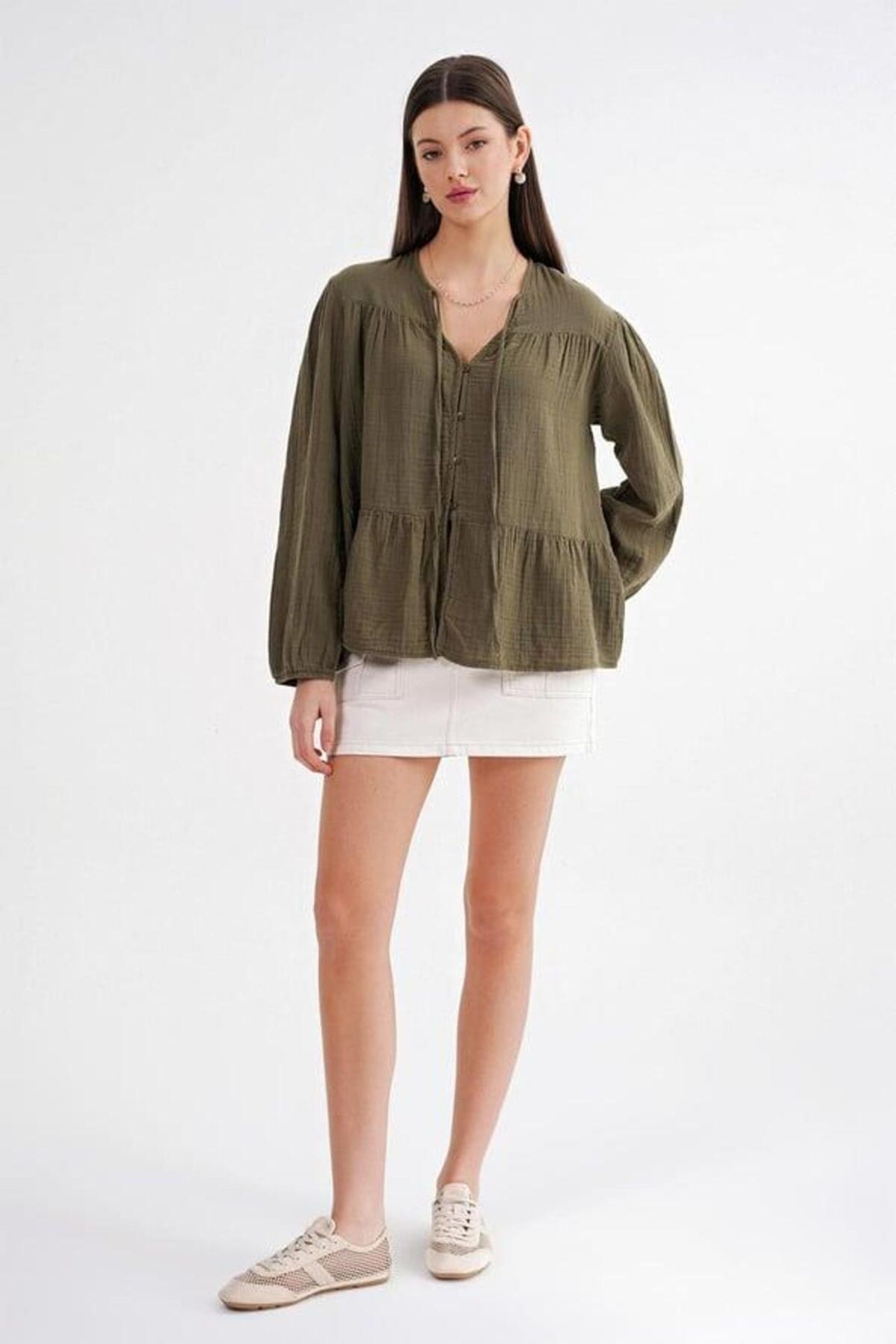Mixray Long Sleeve Relaxed Fit Blouse with Tie-Neck 2