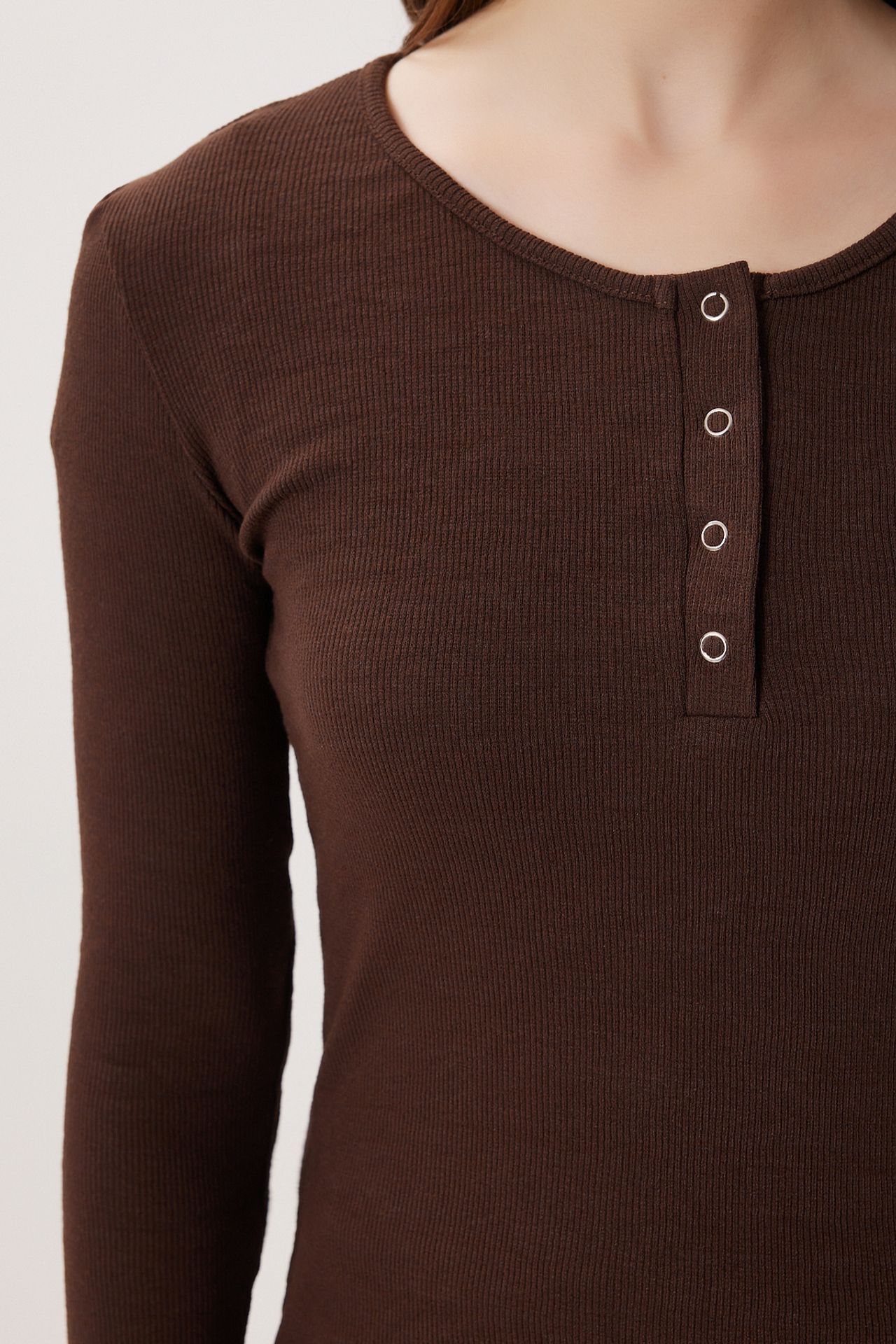 ISTANBUL Slim Fit Ribbed Button-Up Long Sleeve Blouse 5