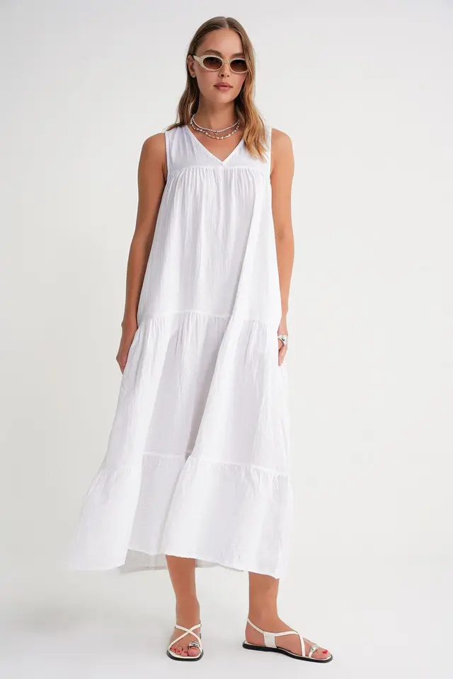 Mixray Sleeveless V-Neck Muslin Midi Dress with Pockets