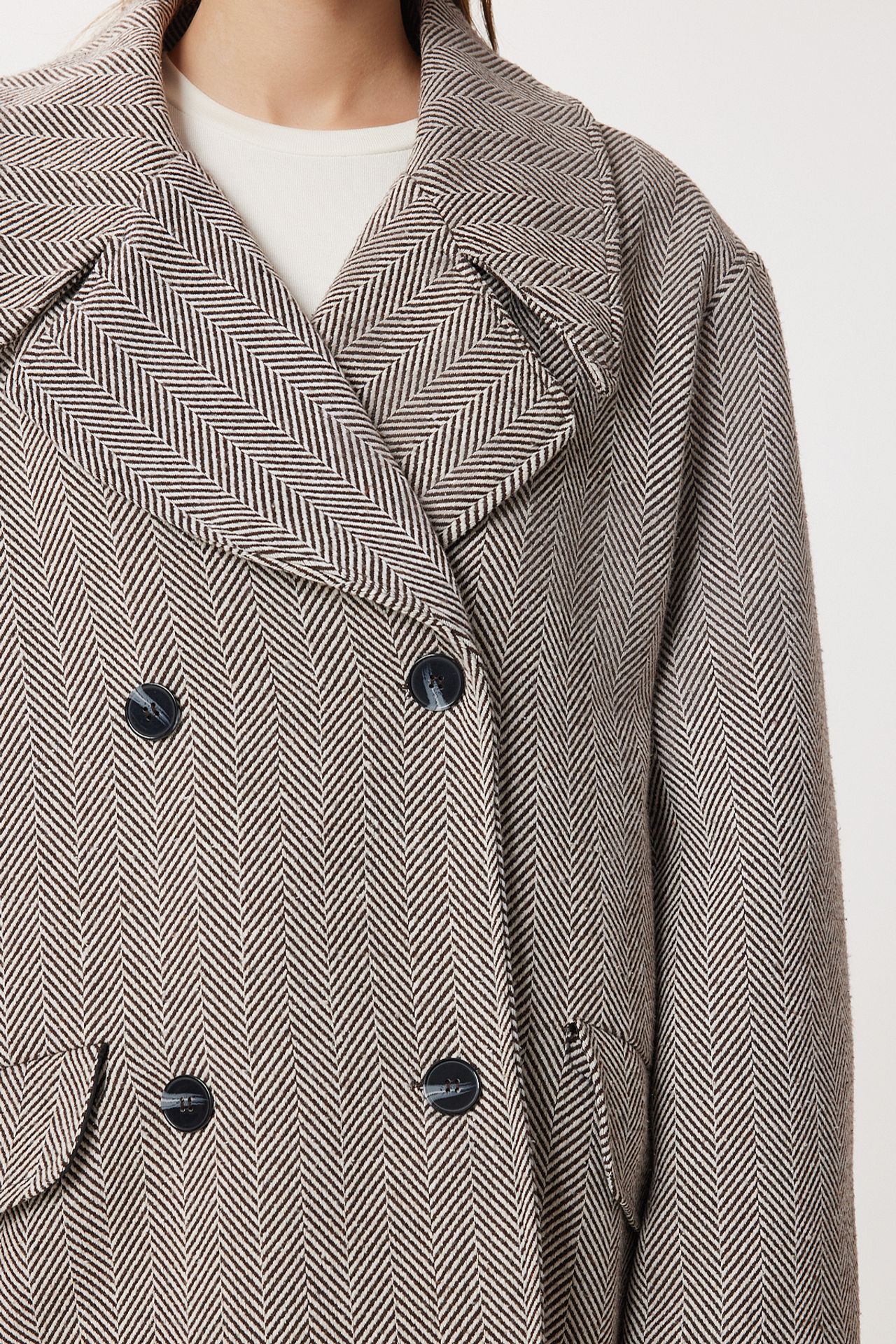 ISTANBUL Oversized Herringbone Wool Cotton Midi Overcoat 6