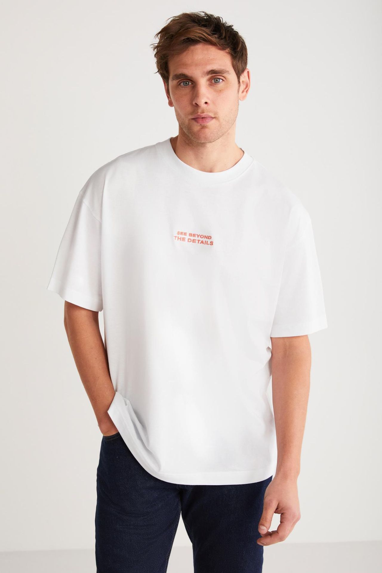 GRIMELANGE Baskılı Oversize Bisiklet Yaka Tişört 3