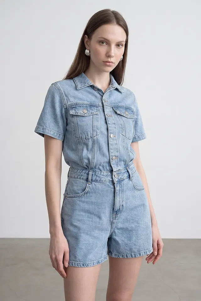 DILVIN Denim Dungaree Shorts With Shirt Collar