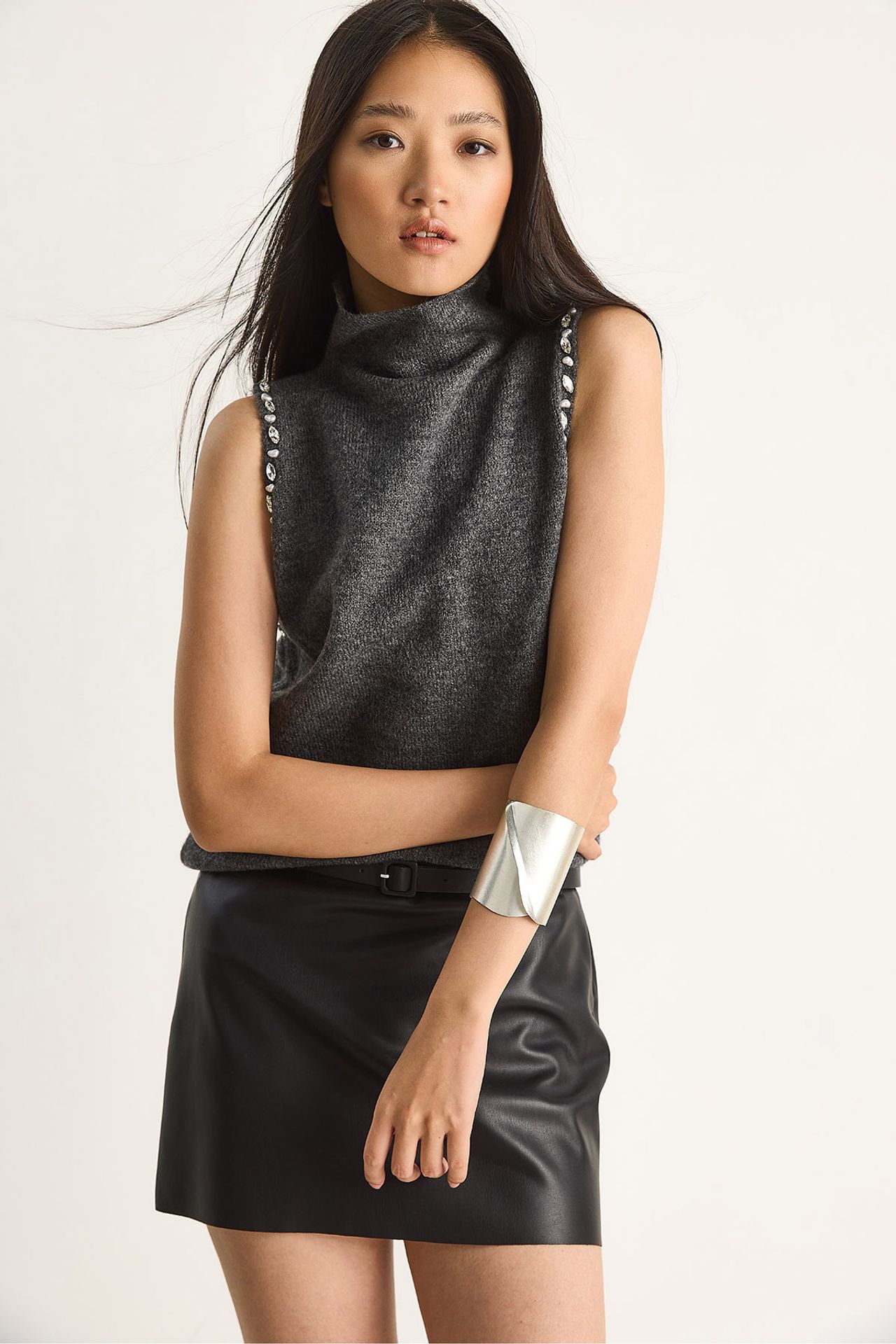 LUCCI Turtleneck Blouse with Pearl Detail