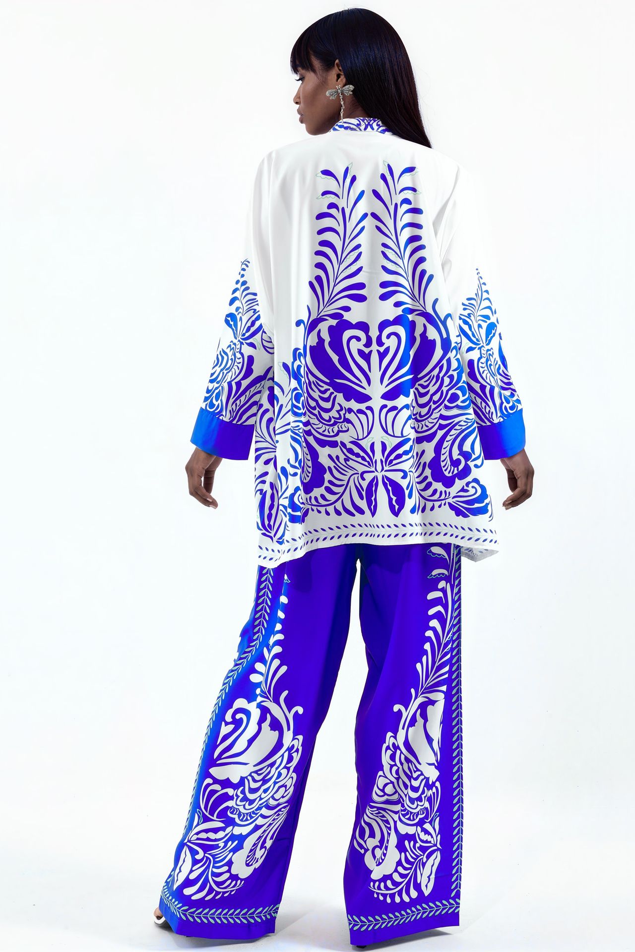 MSN Patterned V-Neck Blouse And Wide-Leg Trousers Set