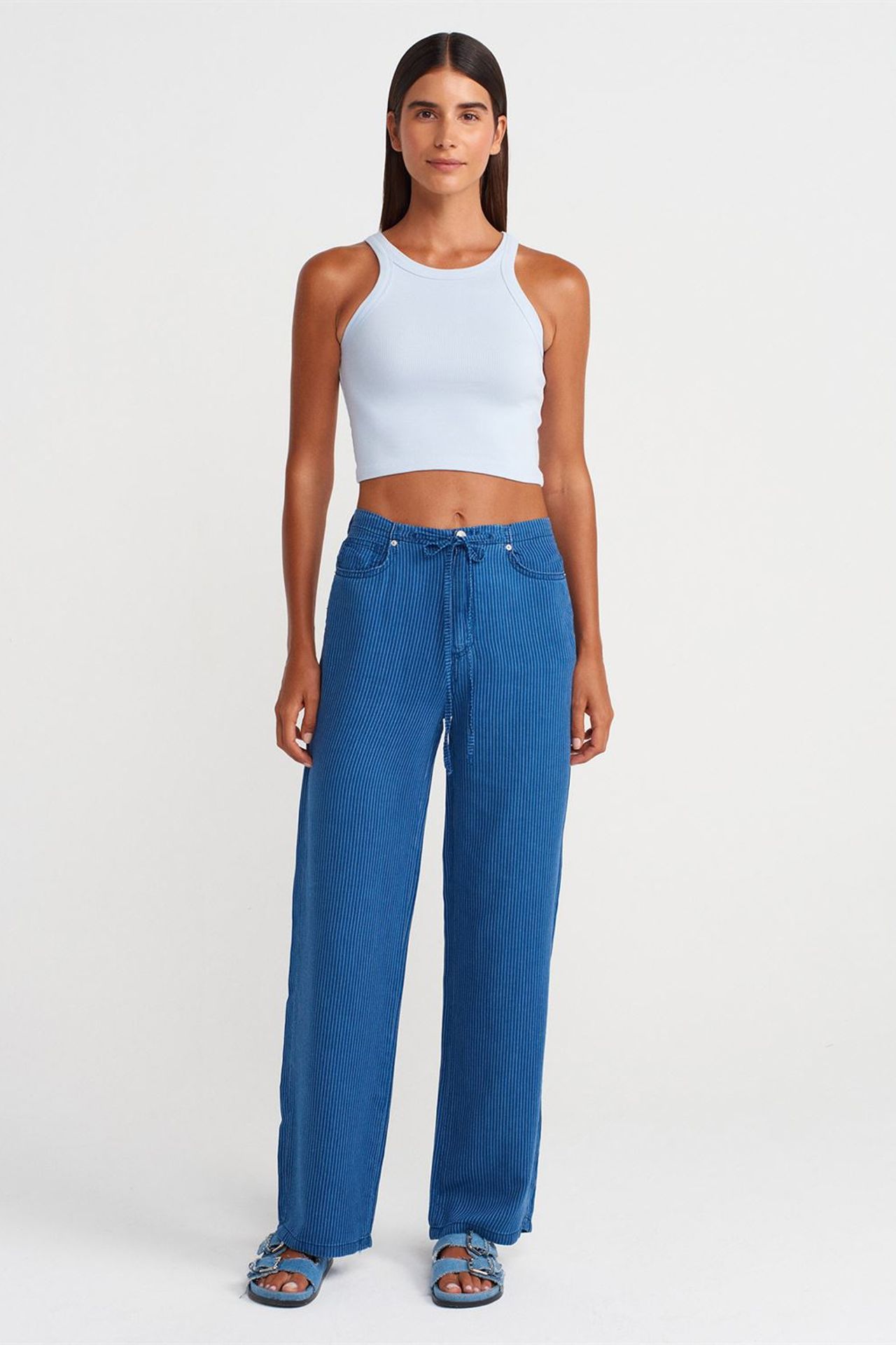 DILVIN Orta Bel Çizgili Geniş Paça Tencel Jean 1
