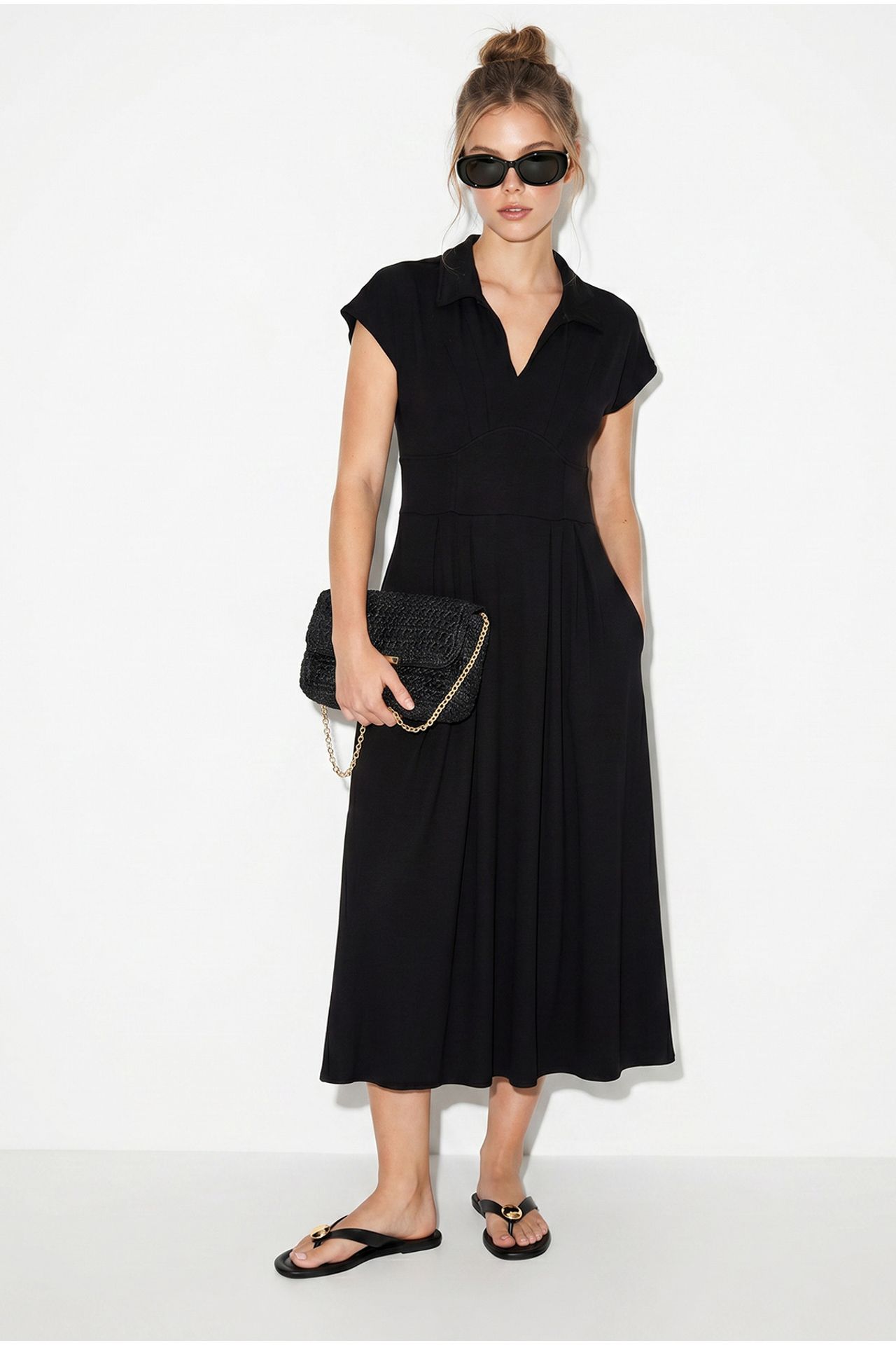 LUCCI A-line Midi Jersey Dress With Polo Collar 3