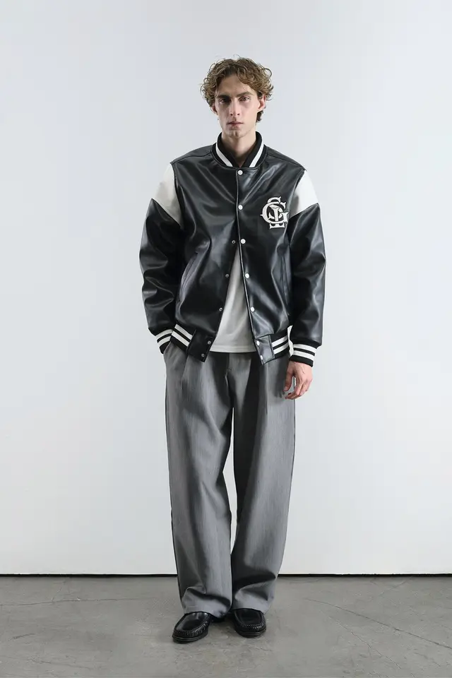 GIESTO Color Blocked Faux Leather Bomber Jacket