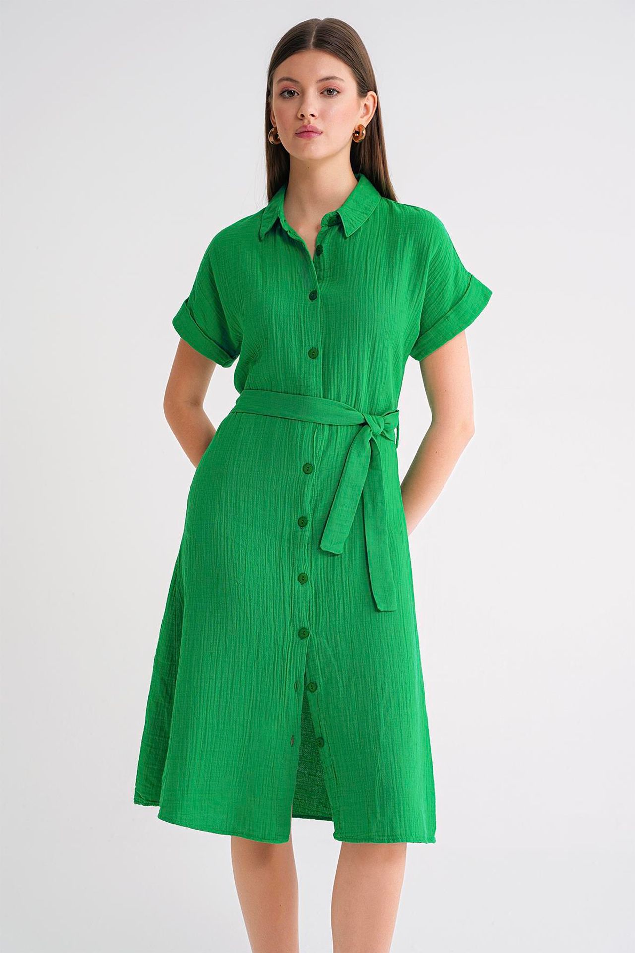 Mixray Relaxed Fit Midi Dress with Shirt Collar and Buttons 8