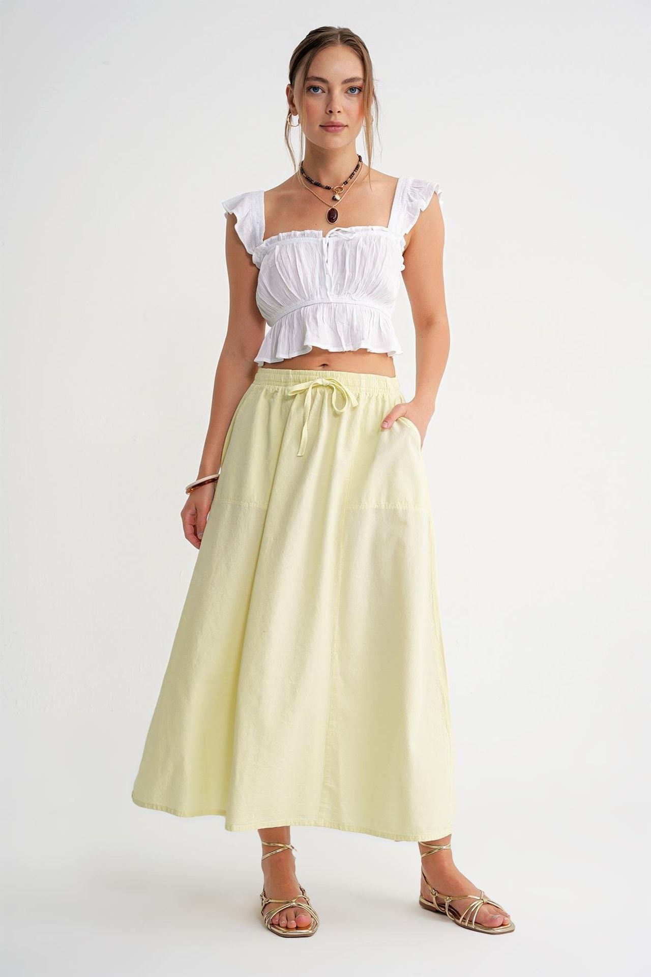 Mixray High-Waisted Poplin Skirt with Drawstring Detail 1