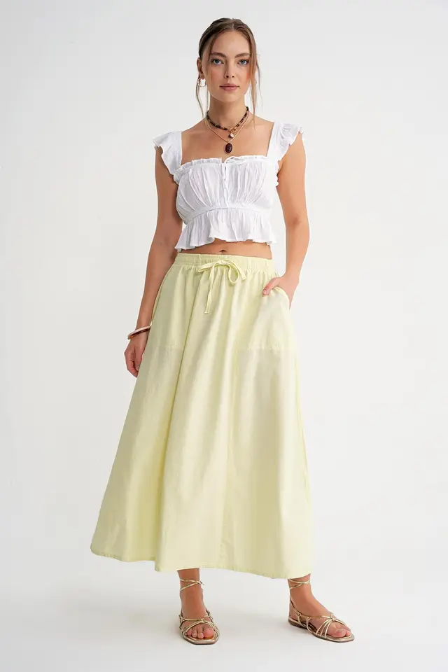 Mixray High-Waisted Poplin Skirt with Drawstring Detail