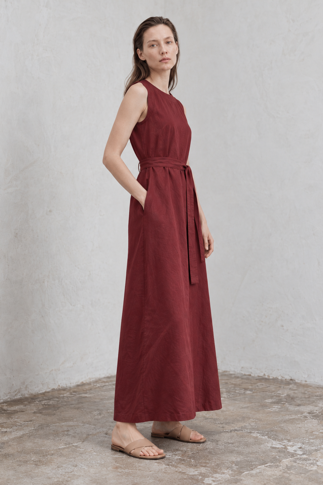 MY FASHION Belted Sleeveless Maxi Dress with Crew Neck 3