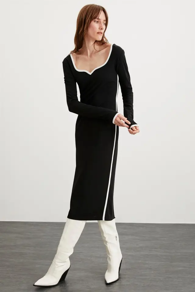 GRIMELANGE Heart Collar Striped Midi Dress