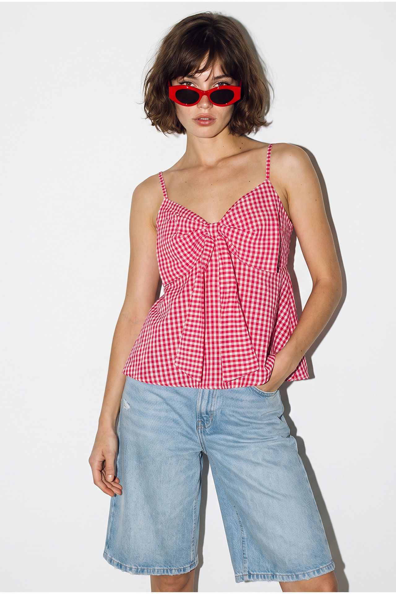 LUCCI Cotton-Blend V-Neck Cami Blouse With Bow Detail 3