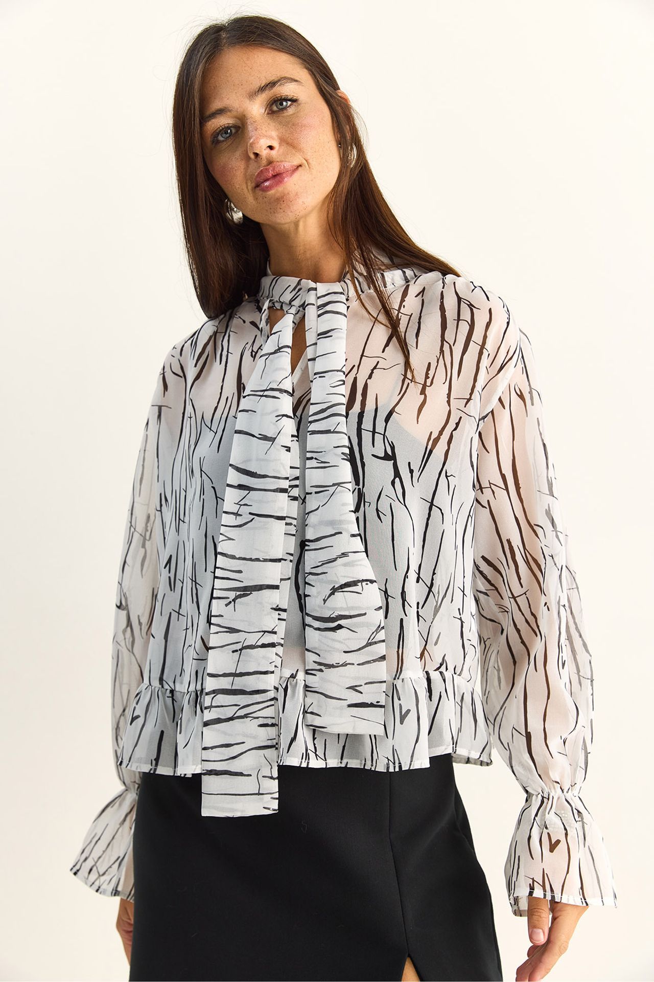 LUCCI Abstract Print Choker Collar Chiffon Blouse with Tie Detail 5