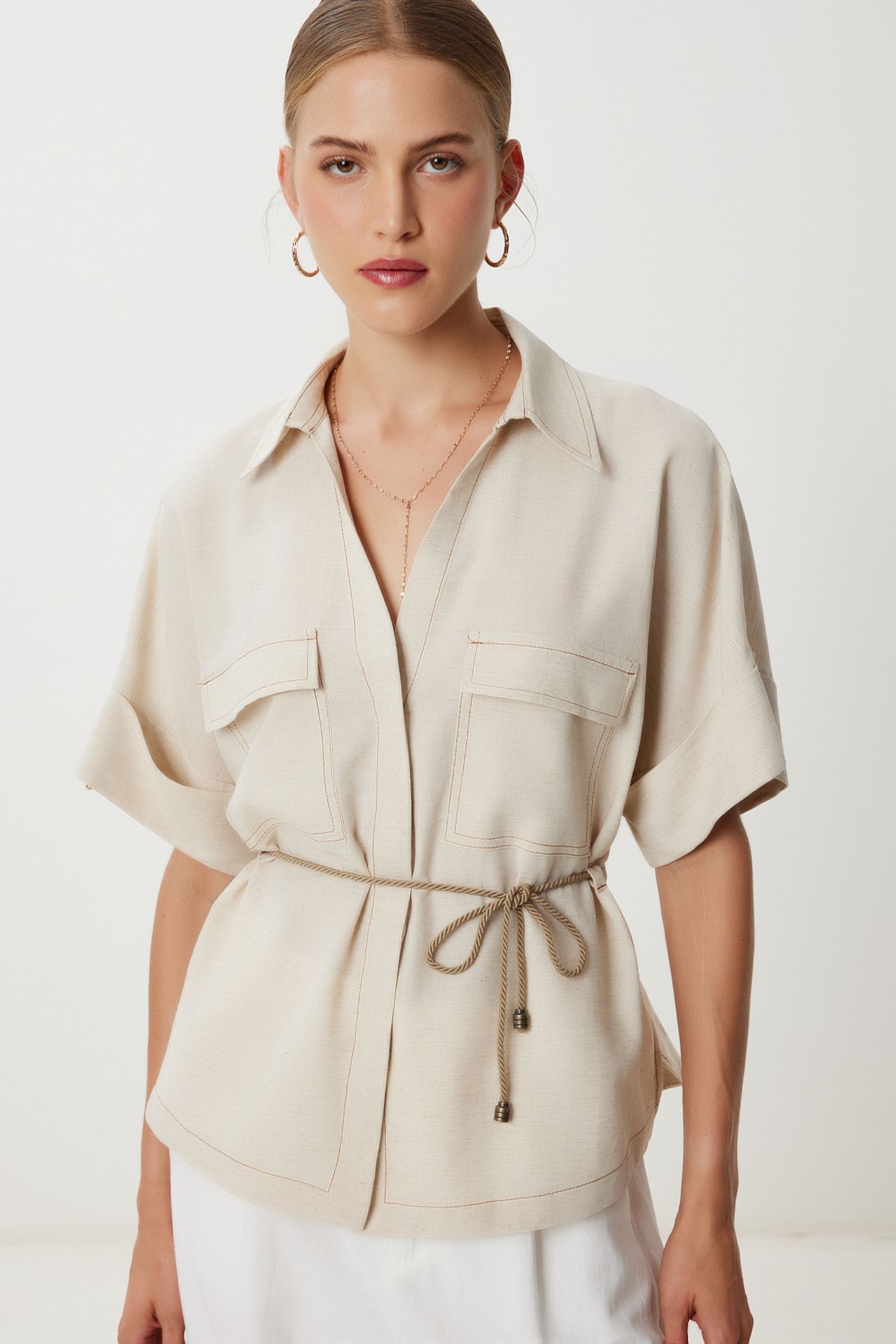 ISTANBUL Loose Fit Drawstring Shirt with Binding Detail 1