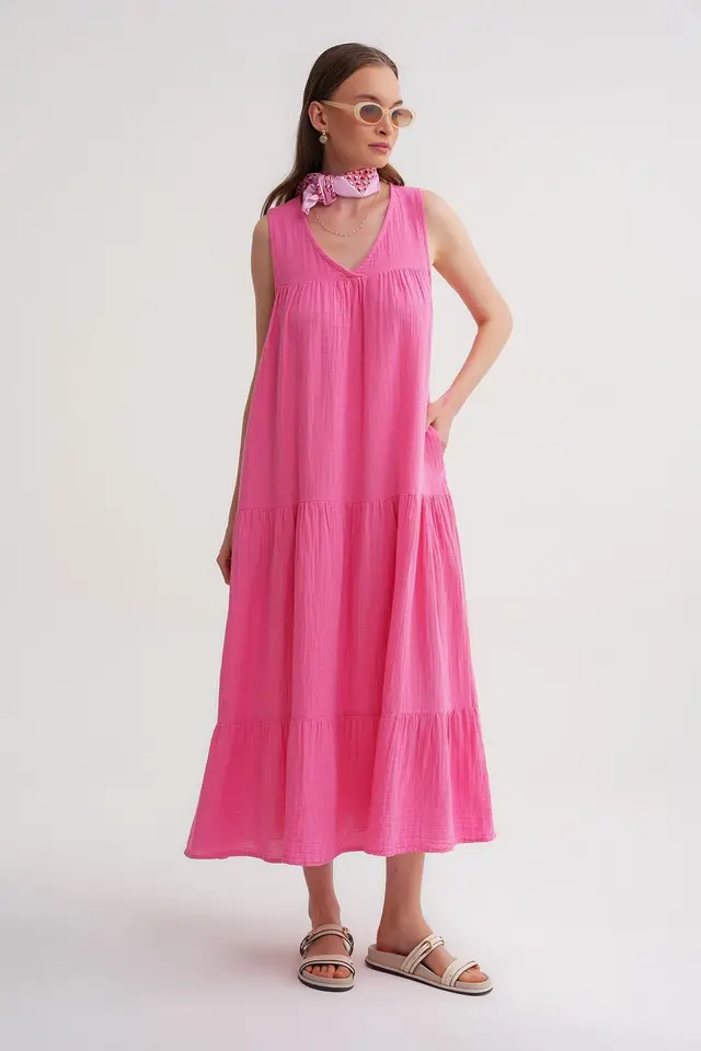 Mixray Sleeveless V-Neck Muslin Midi Dress with Pockets