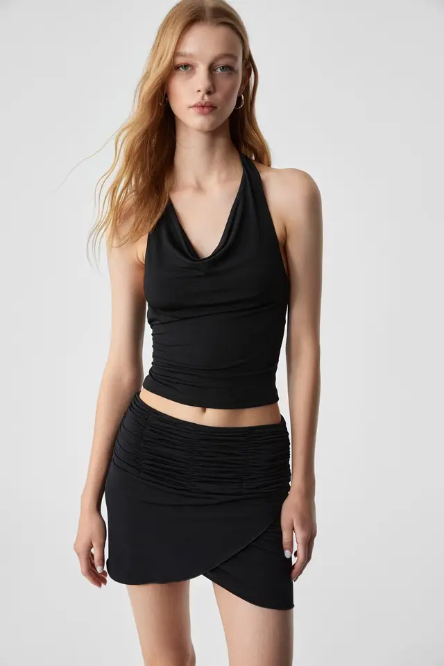 GRIMELANGE Asymmetrical Halterneck Crop Blouse