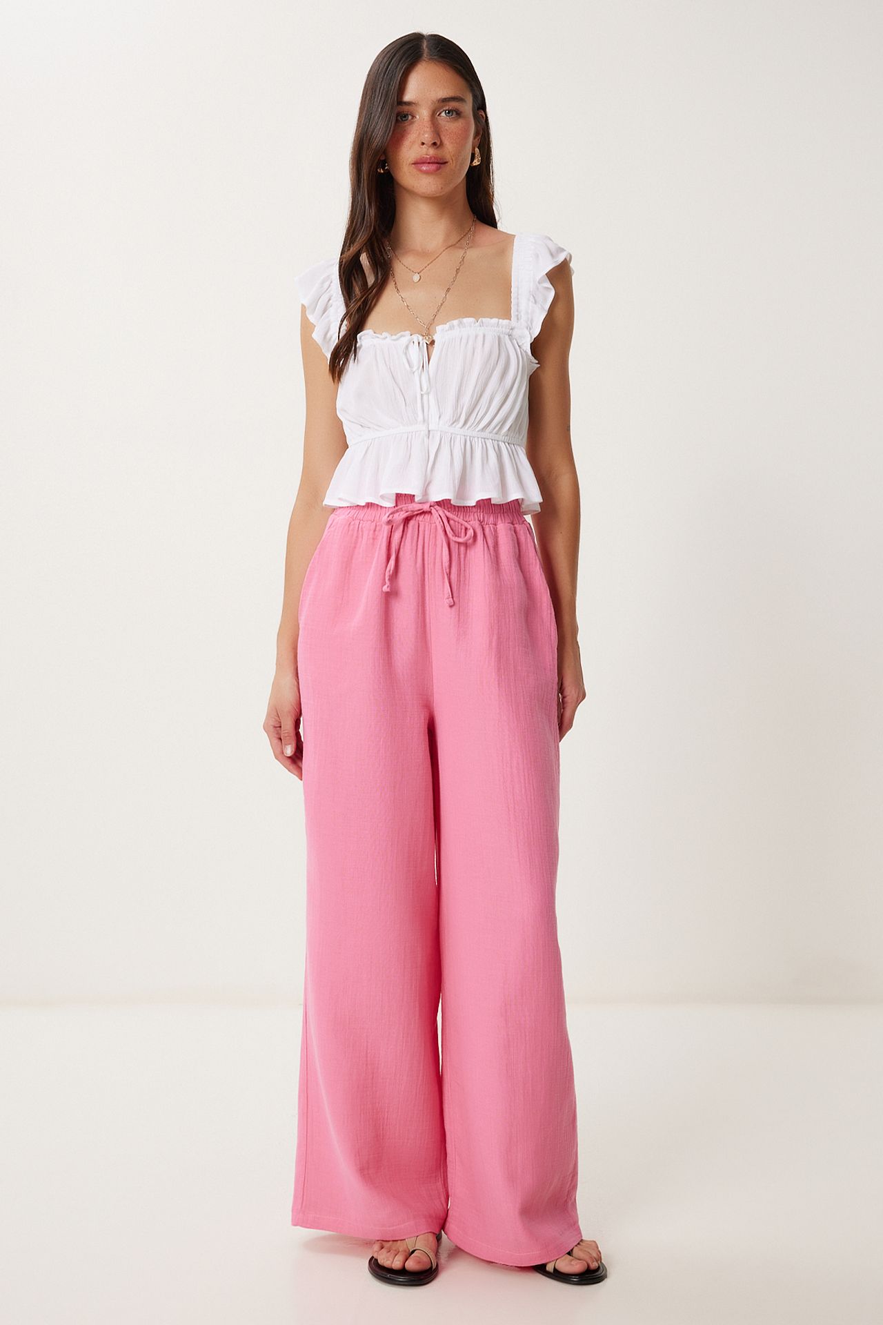 ISTANBUL Wide Leg Drawstring Waist Pants with Binding Detail 1