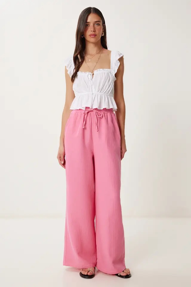 ISTANBUL Wide Leg Drawstring Waist Pants with Binding Detail