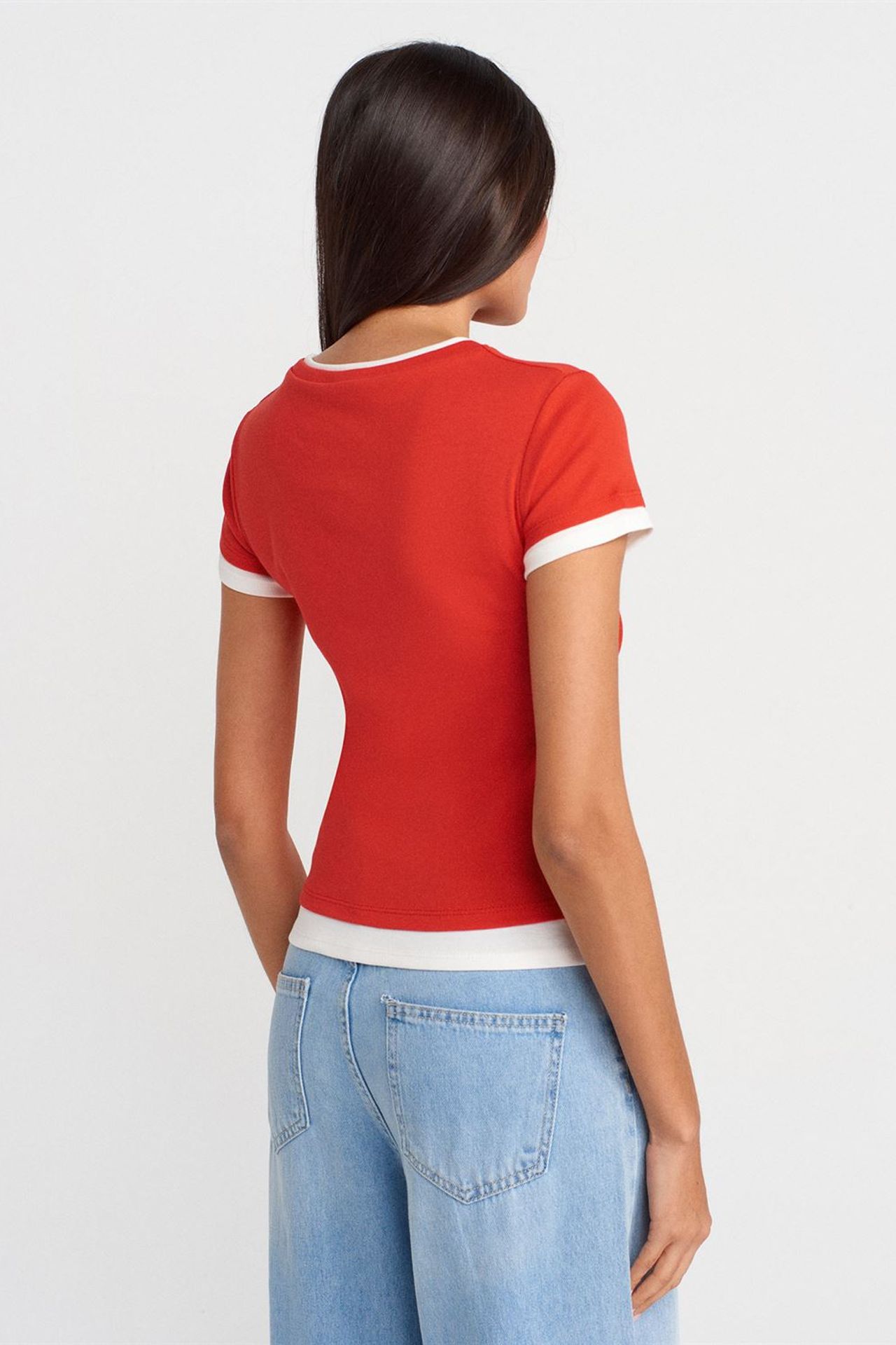 DILVIN Kadın Slim Fit Pamuklu Bisiklet Yaka Tişört 2
