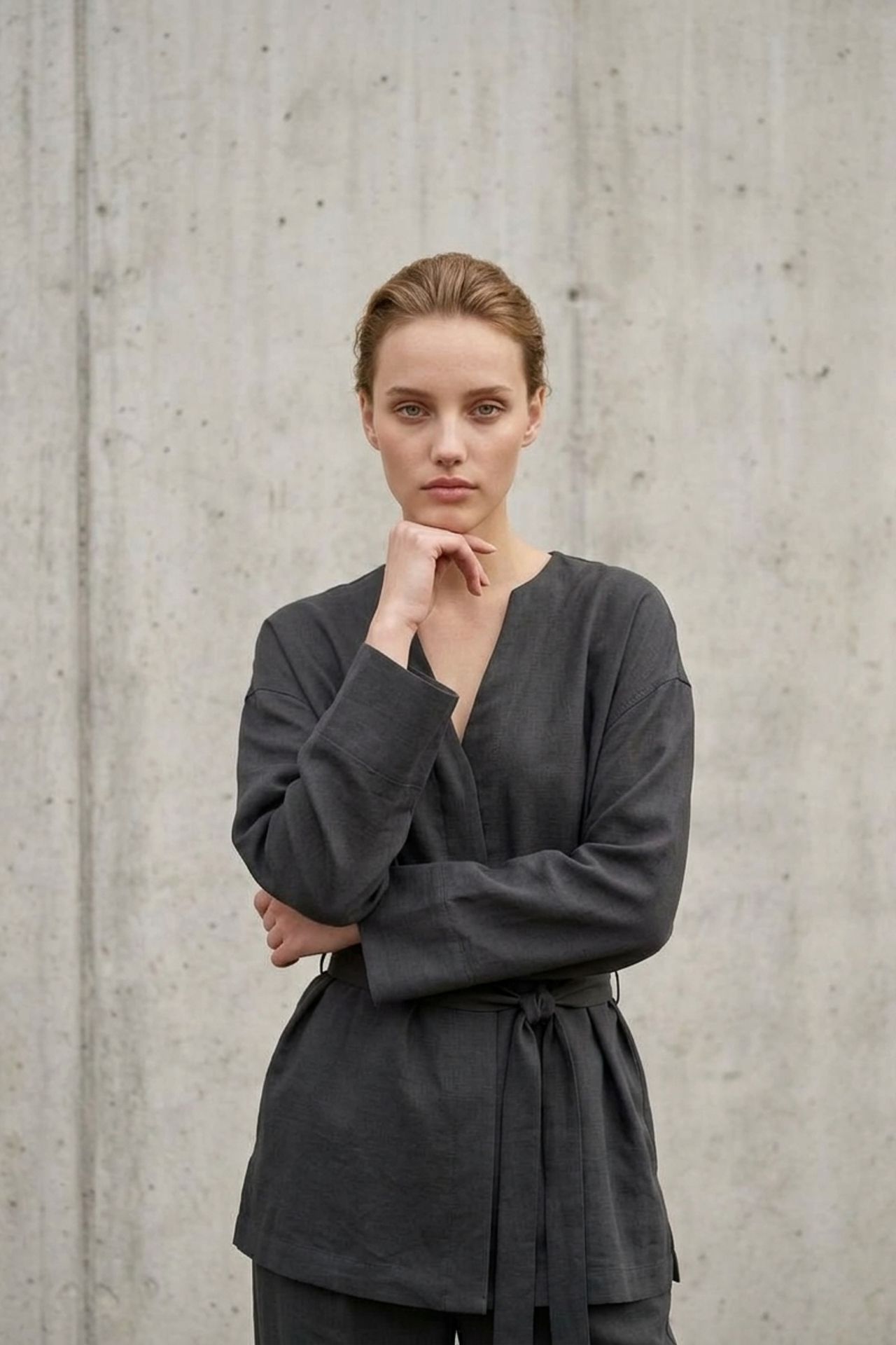 MY FASHION Belted V-neck Long Sleeve Two-Piece Set