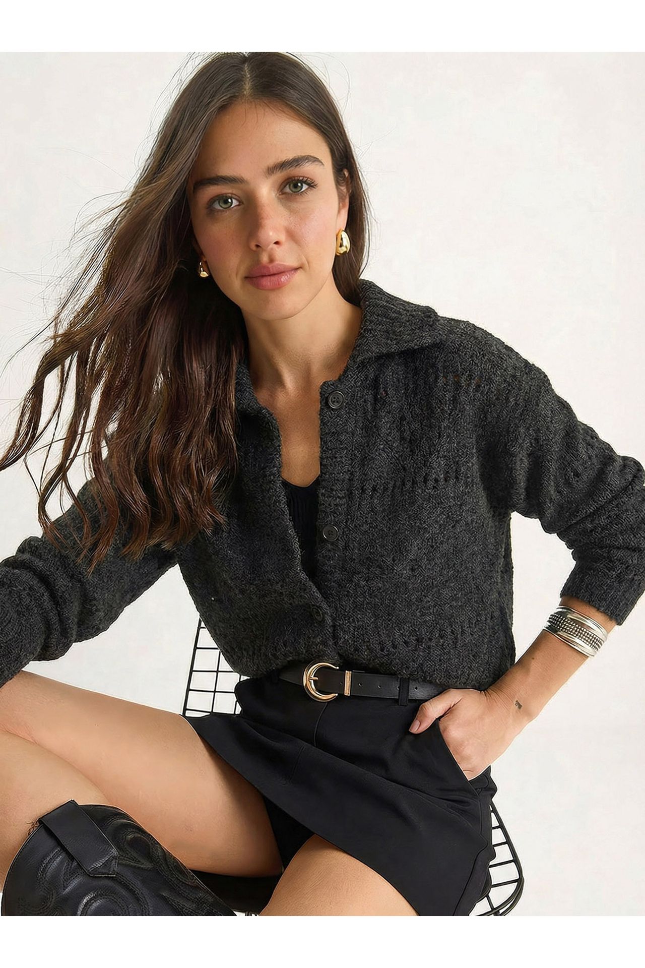 LUCCI Textured Polo Collar Button Cardigan 3