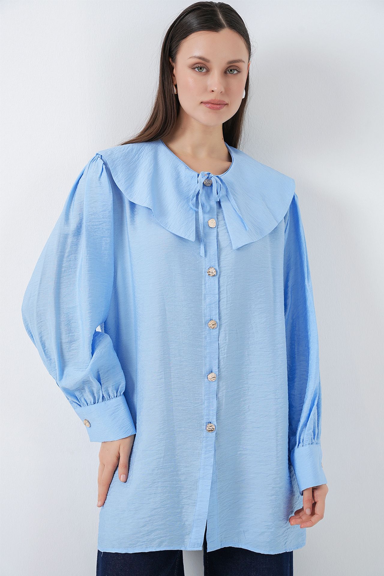 BDART Long Loose Fit Blouse with Baby Collar and Bow Detail 1