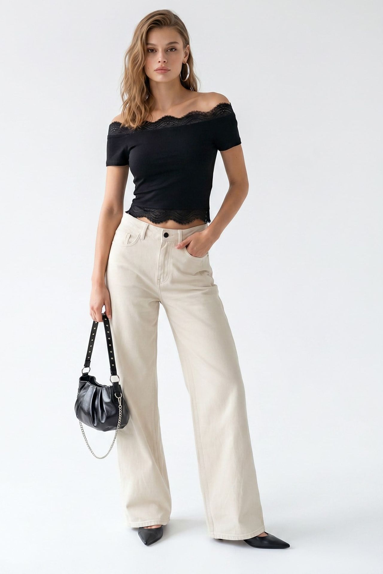 MIXRAY Nakışlı Slim Fit Kayık Yaka Crop Top 4