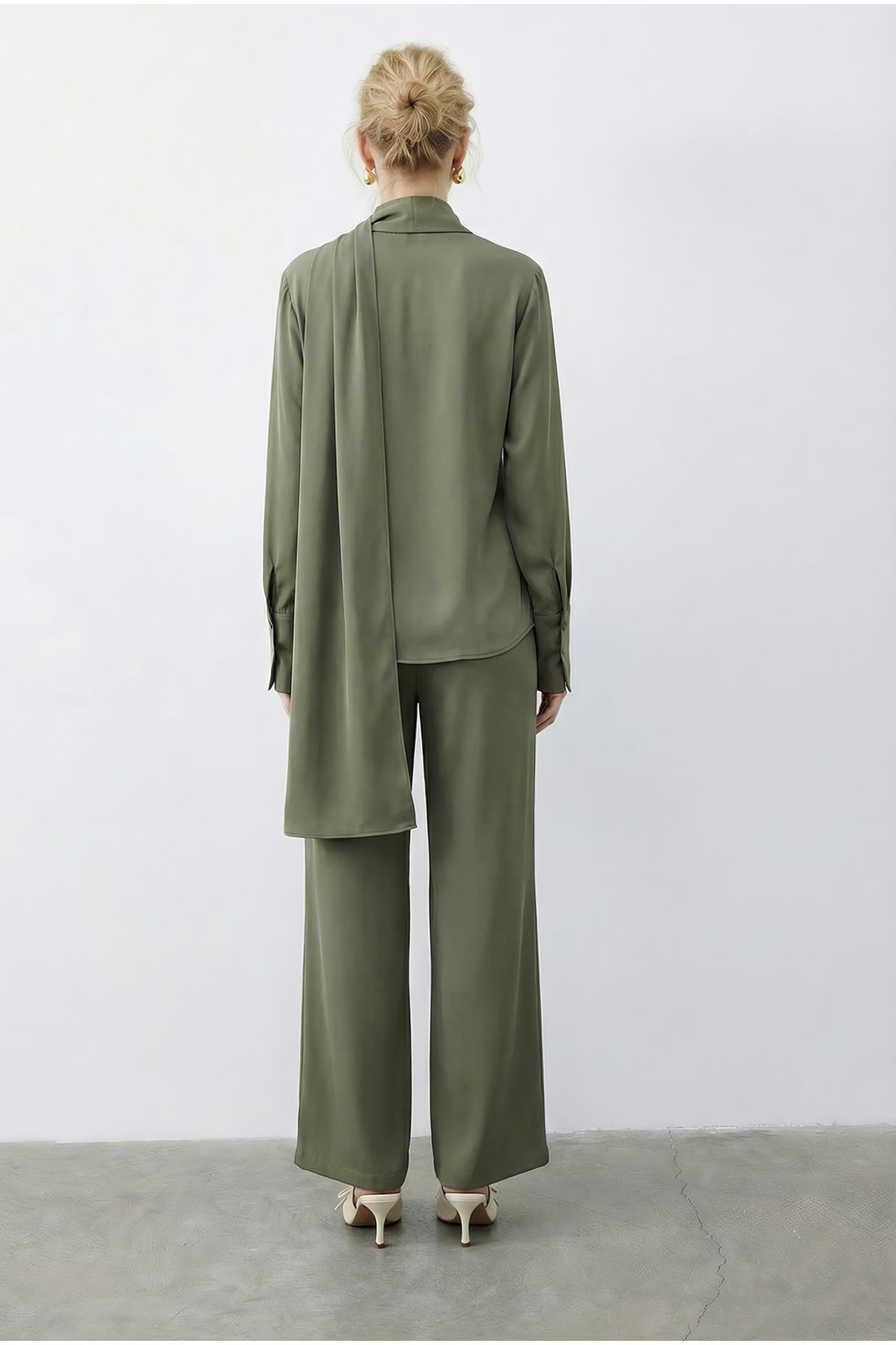 LUCCI Shawl Detailed Blouse and High Waist Wide Leg Pants Two-Piece Set 5