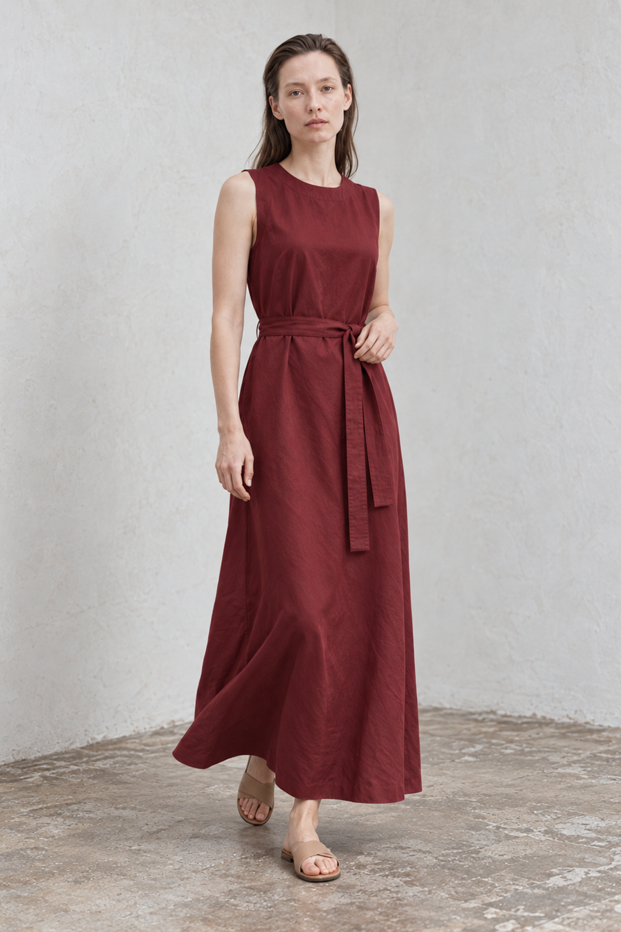 MY FASHION Belted Sleeveless Maxi Dress with Crew Neck 2
