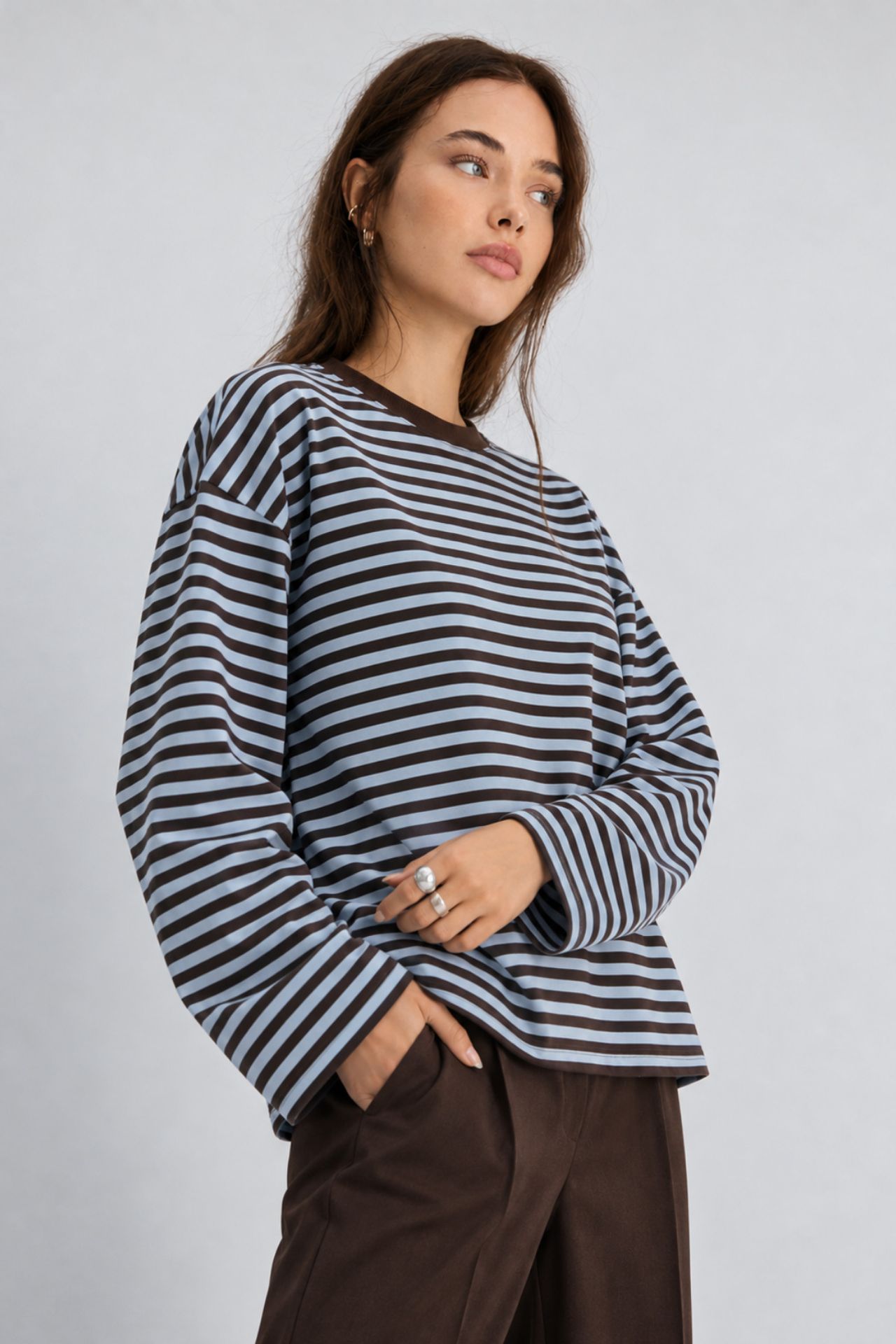 BIPANTOLON Kadın Oversize Çizgili Bisiklet Yaka Sweatshirt 4