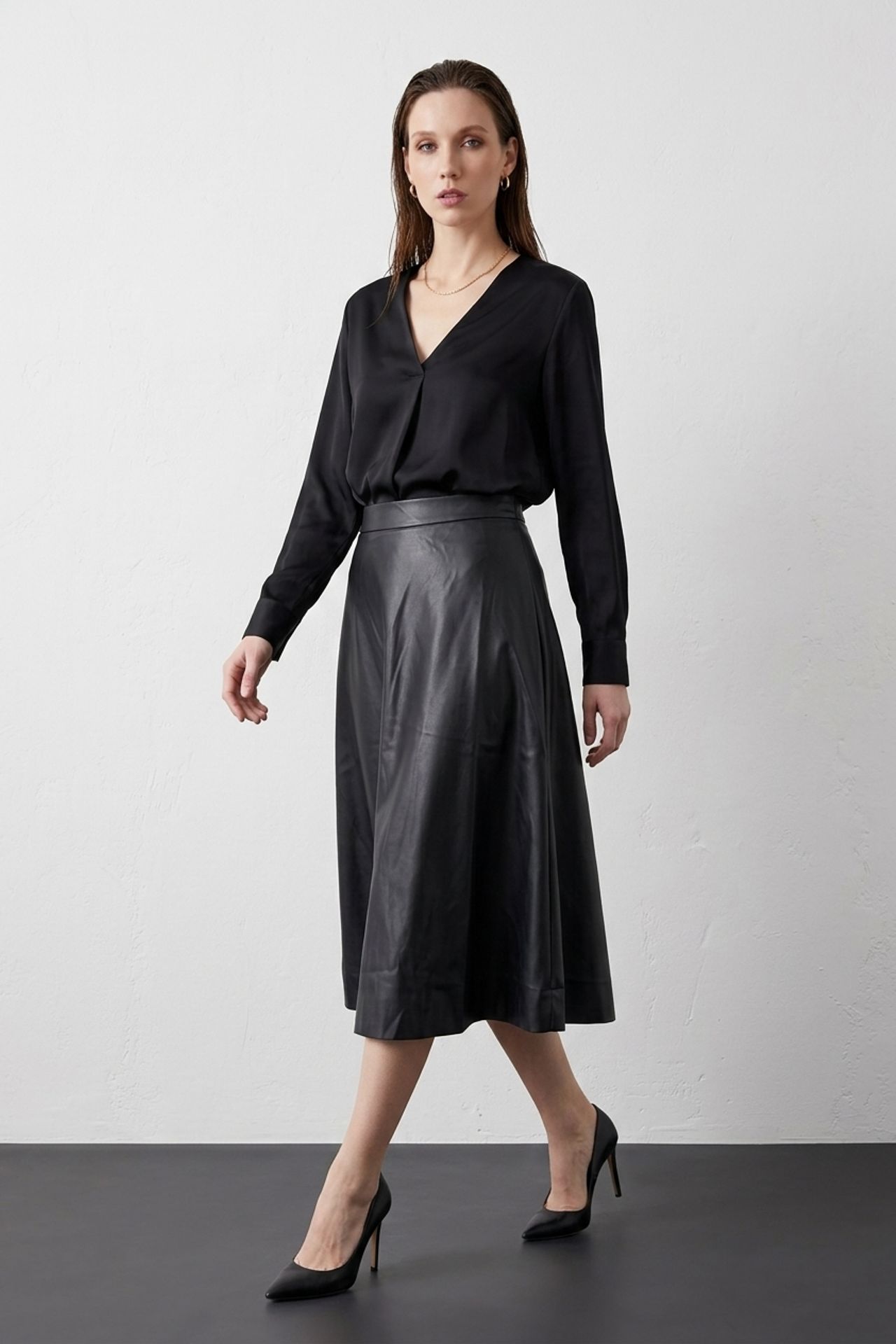MY FASHION Yüksek Bel Midi A Kesim Suni Deri Etek 1
