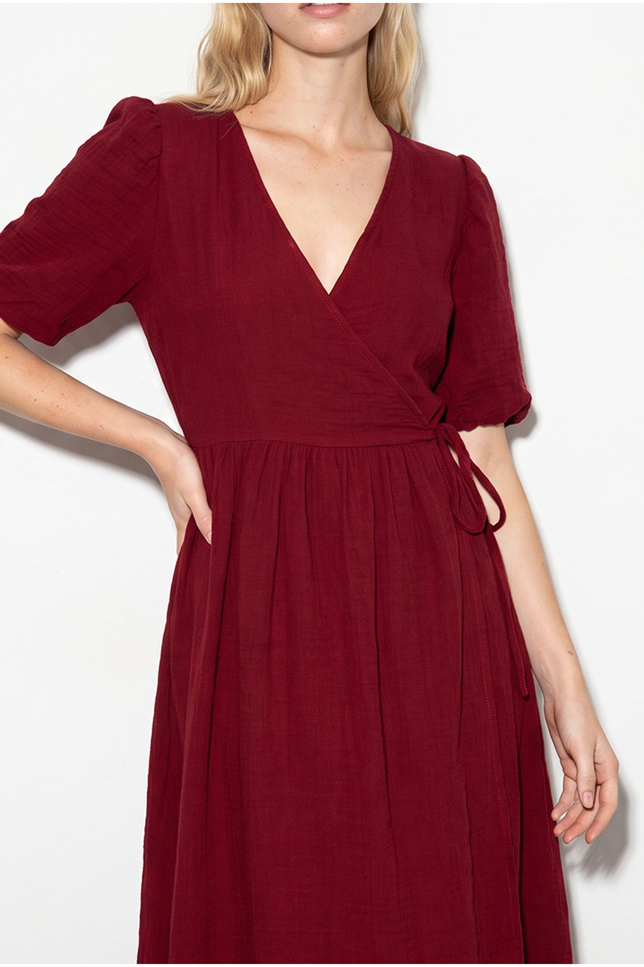 LUCCI Textured V-neck Midi Dress with Wrap Closure 4