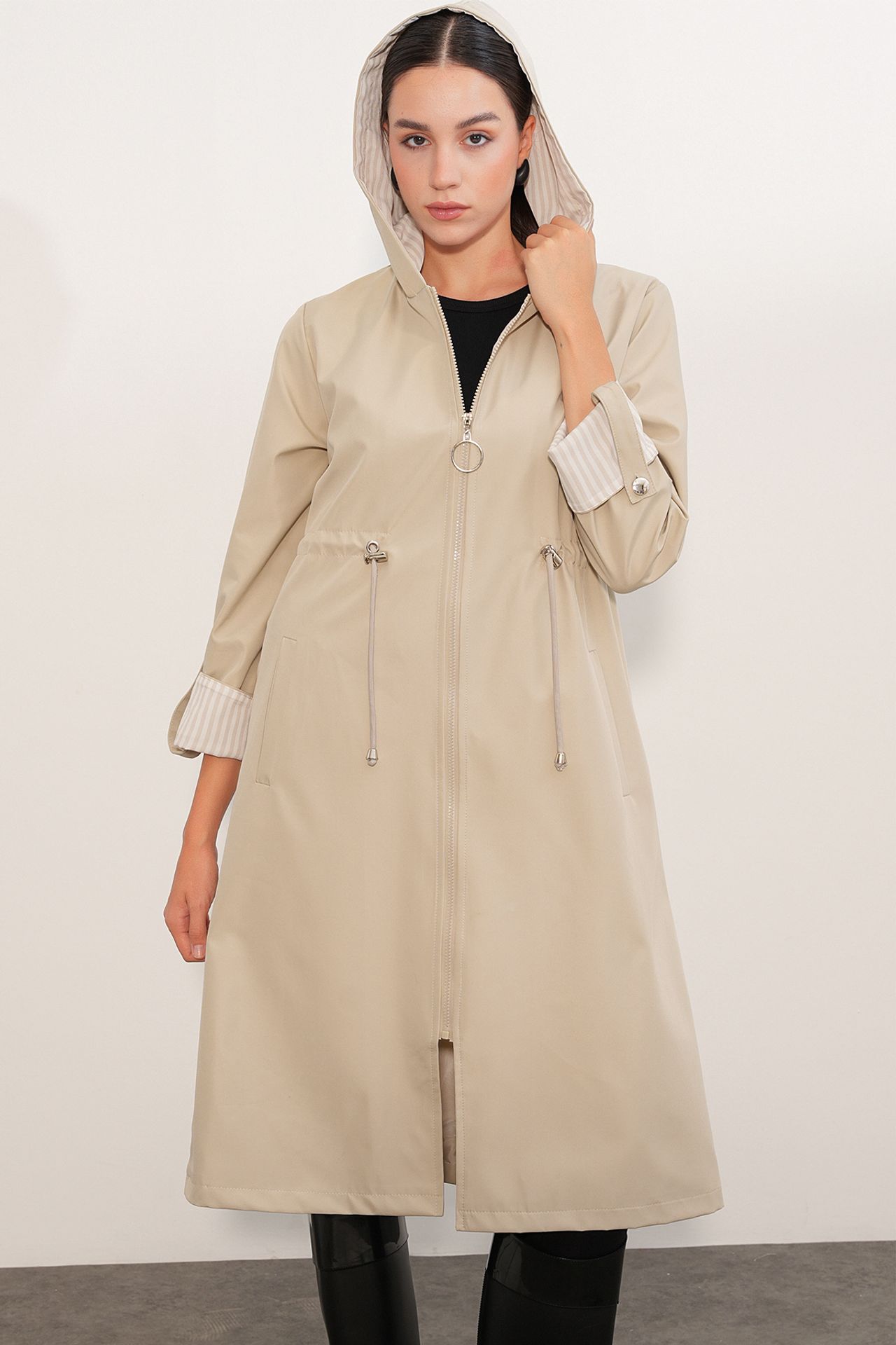 BDART Hooded Long Striped Trench Coat with Drawstring Waist 4