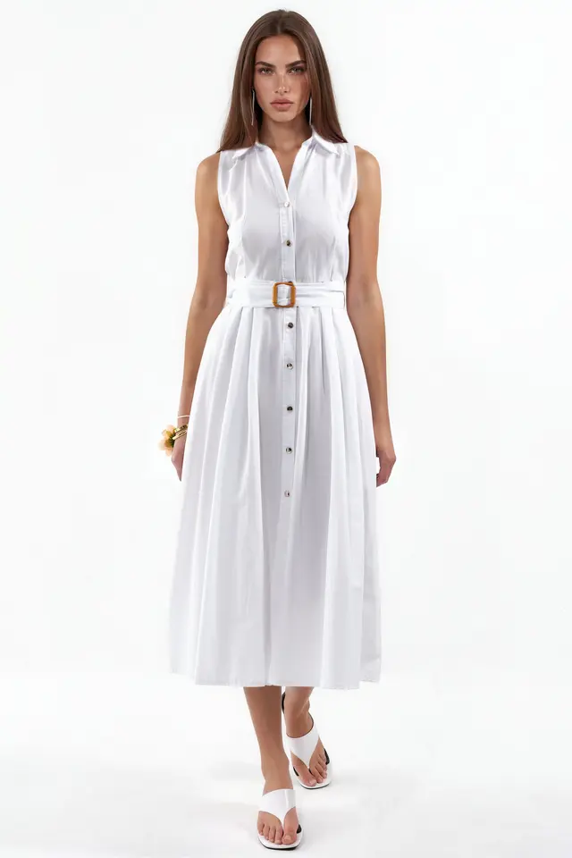 BUSEM Belted Sleeveless Poplin Shirt Midi Dress