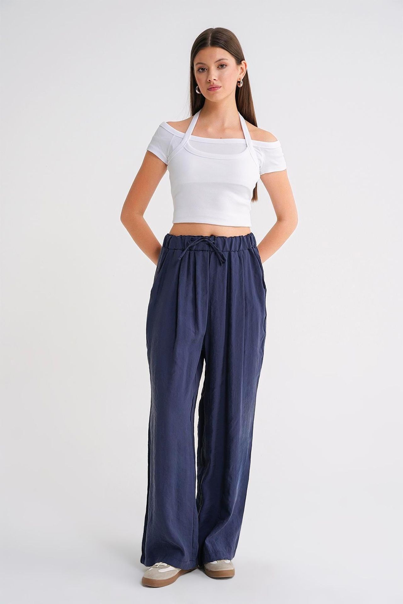 Mixray High Waist Modal Pleated Palazzo Pants with Drawstring 3