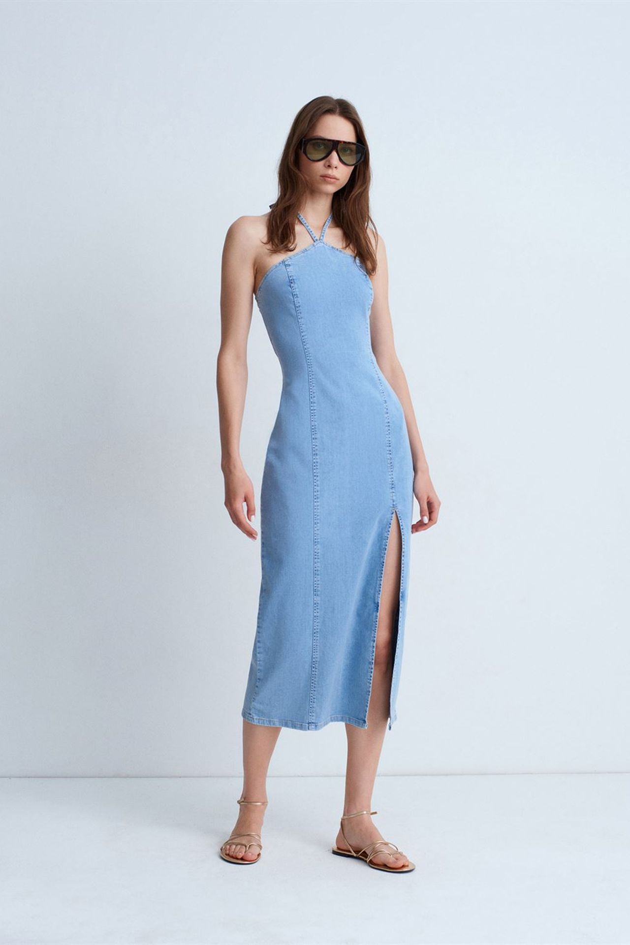 DILVIN Halter Neck Midi Denim Dress 4