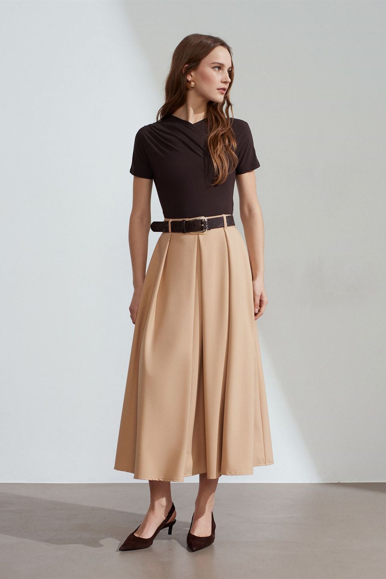 DILVIN High-Waist Midi Straight Crepe Skirt 2