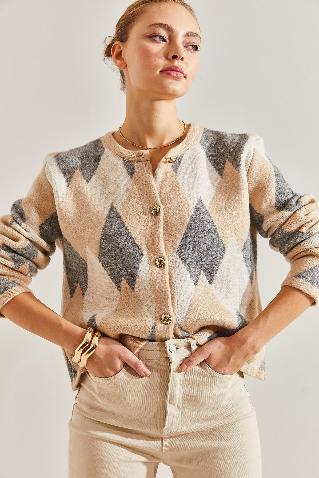 LUCCI Geometric Knitwear Button-Up Crop Cardigan 4