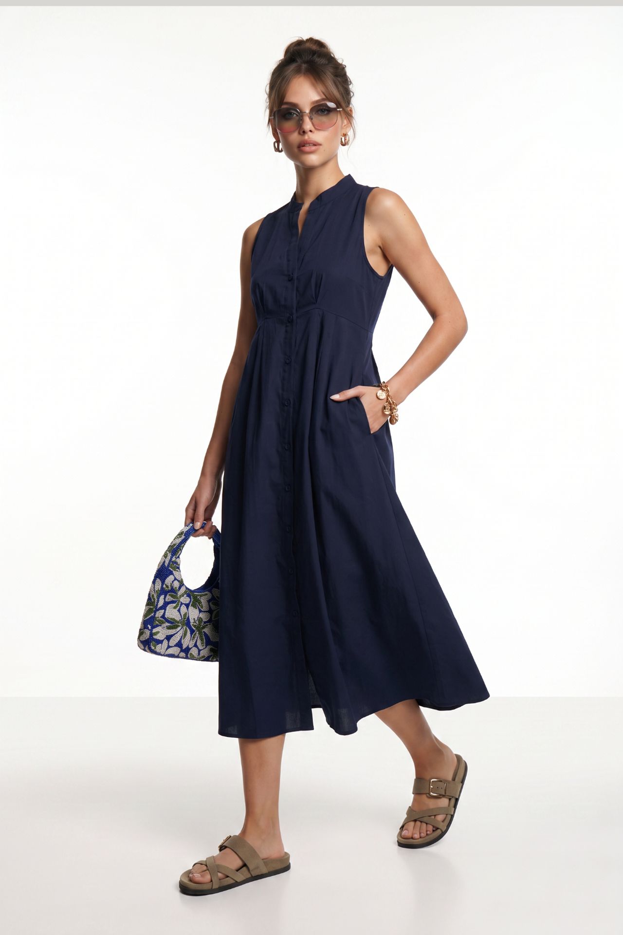 ISTANBUL Mandarin Collar Sleeveless A-Line Midi Dress 2