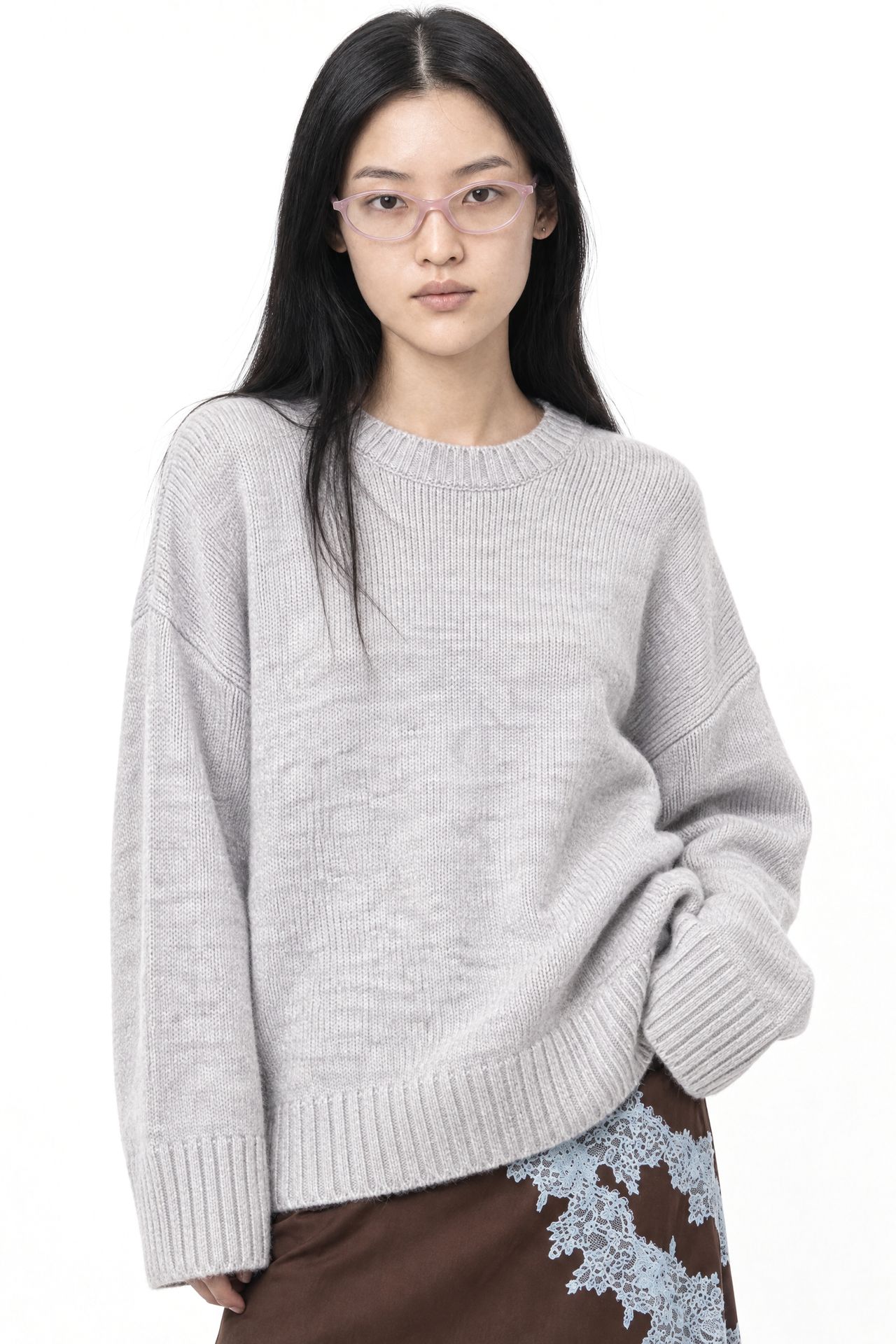 Mixray Oversized Ribbed Knit Sweater with Crew Neck 1