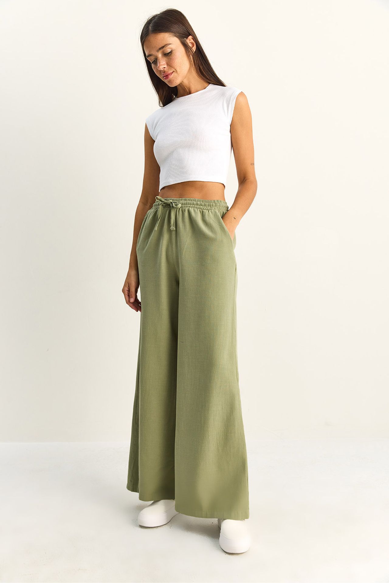 LUCCI Wide Leg Cotton Trousers with Drawstring Waist 3